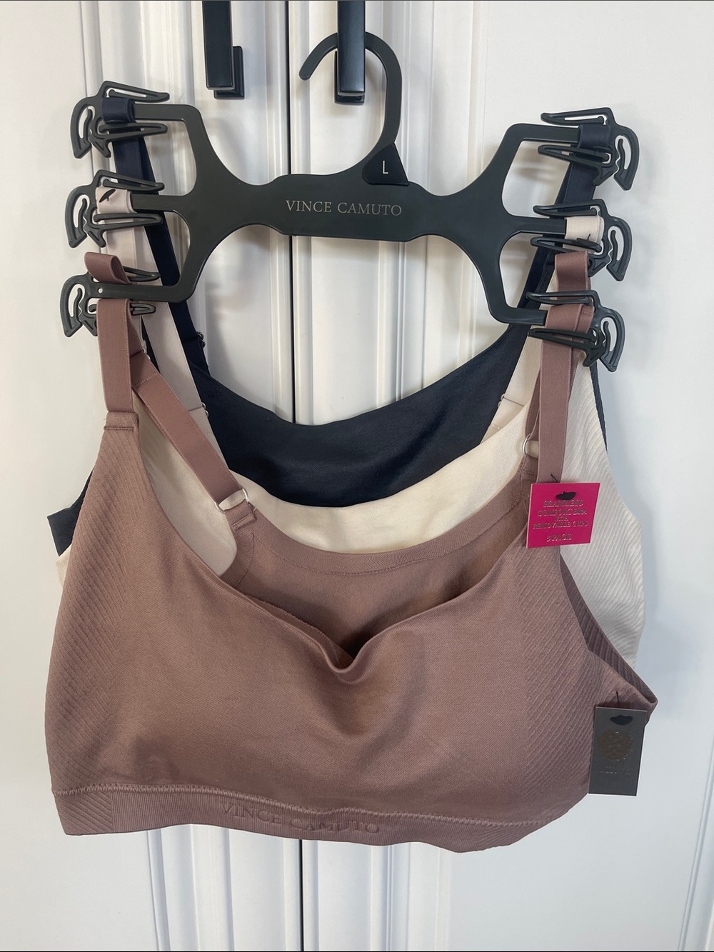 Vince Camuto 3-Pack Seamless Bralettes in Brown, White & Black